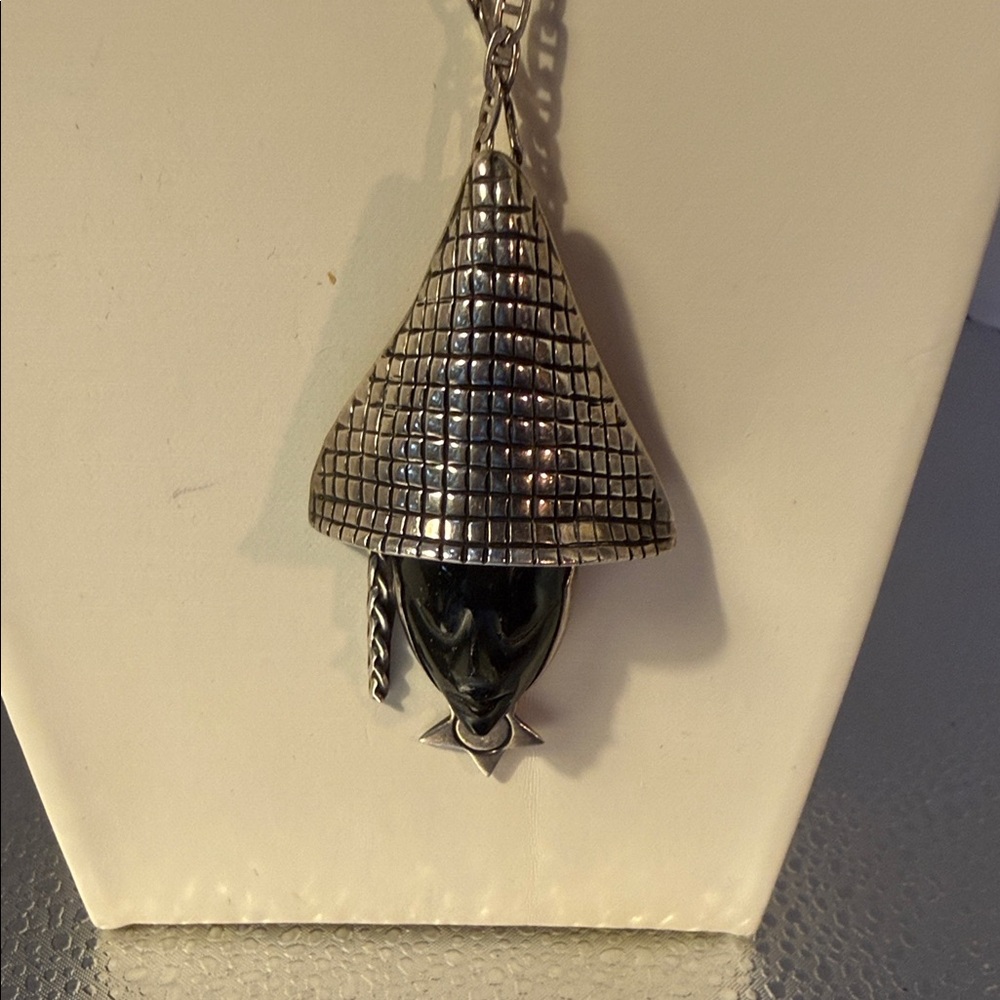 Vintage Sterling Silver and Black Obsidian Hand Carved Face Pendant Necklace